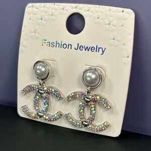 Silver Pearl & Iridescent Dangle Earrings